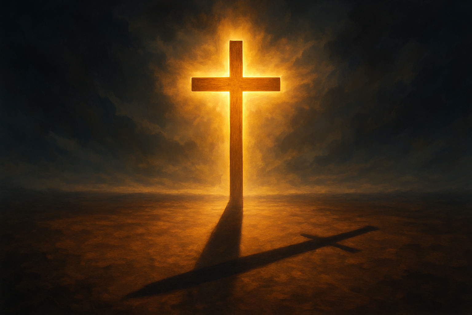Glowing cross casting a shadow shaped like a sword against a stormy sky, symbolizing Jesus’ words “I did not come to bring peace, but a sword.”